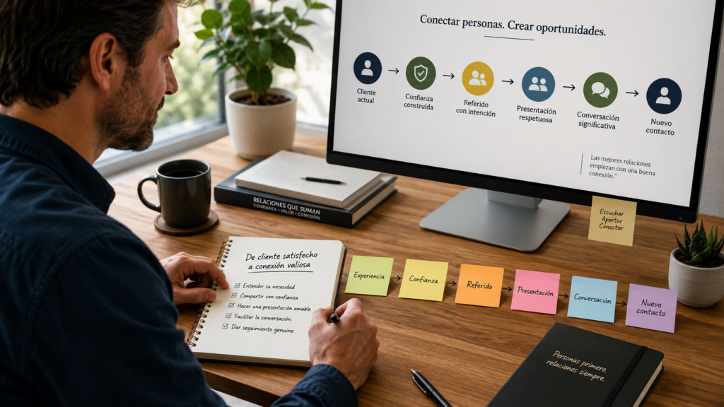 Persona organizando una recomendación de cliente y una nueva presentación